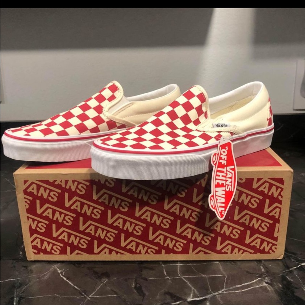 Red checkered slip ons